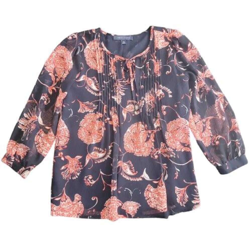 Tommy Hilfiger Top Women XS Multicolor Floral Blouse Tie Neck 3/4 Sleeve Pintuck